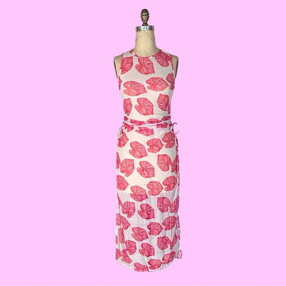 Pink & White Tropical Sheer Swim Coverup